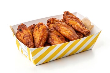 Delicious fried chicken wings in takeout container isolated on white background