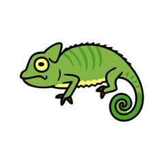 Illustration of a green cartoon chameleon with curled tail and big yellow eyes on transparent background