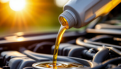 Golden engine oil flows smoothly from a bottle into the engine of a car under warm sunlight, emphasizing routine maintenance and vehicle care.