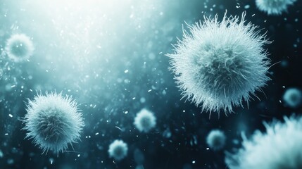 Fototapeta premium Microscopic organisms floating in a teal fluid with bright light sources overhead