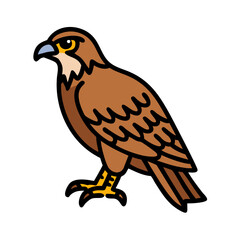 Illustration of a brown falcon bird of prey with black outline and yellow eyes on transparent background