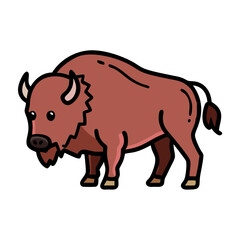 Illustration of a cute cartoon bison or buffalo with a black outline style on transparent background © IsratJahan