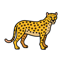 Illustration of a cartoon cheetah standing with spots and black outline design on transparent background