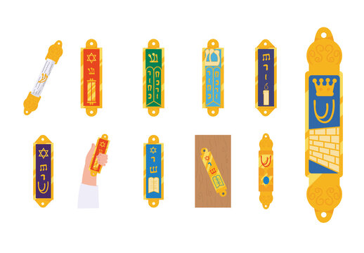 Colorful Religious Jewish Mezuzah Decorative Illustration Design Set