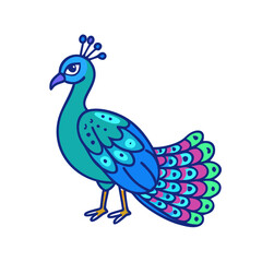 Obraz premium Illustration of a cute peacock drawing with vibrant colors for children art on transparent background