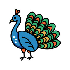 Illustration of a cute cartoon peacock drawing with colorful feathers design on transparent background