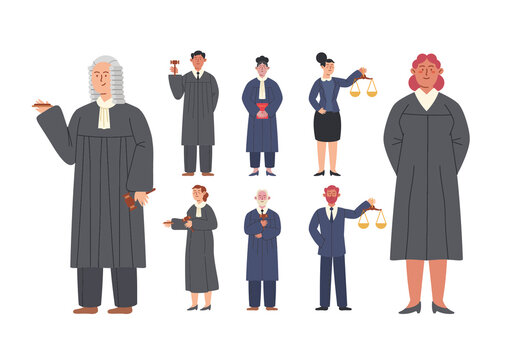 Colorful Traditional Courtroom Judge Character Illustration Set