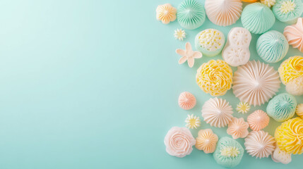 Pastel Sweetness: Whimsical candy flat lay on turquoise for confectionary promotion