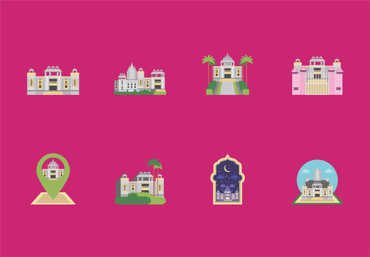 Colorful Indian Tulsi Manas Temple Landmark Illustration Set