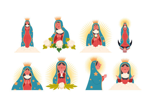 Colorful Spiritual Virgin Guadalupe Worship Illustration Set