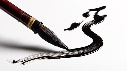 A Japanese calligraphy brush makes smooth, flowing ink linesa traditional art formshown against a white backdrop.  
