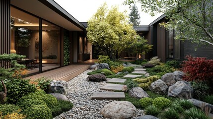 Modern home with tranquil garden path, stepping stones, rocks, and green lush plants