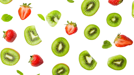 Fresh kiwi and strawberry on a white background --ar 16:9