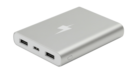 Isolated Silver Power Bank with Lightning Symbol