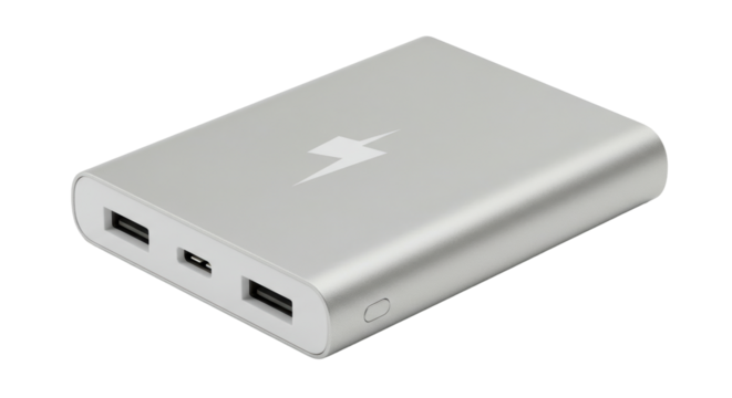 Isolated Silver Power Bank with Lightning Symbol