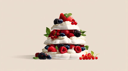A layered pavlovaa meringue-based dessert with fresh berries and creamshowcased against a white backdrop, representing Australian food.  