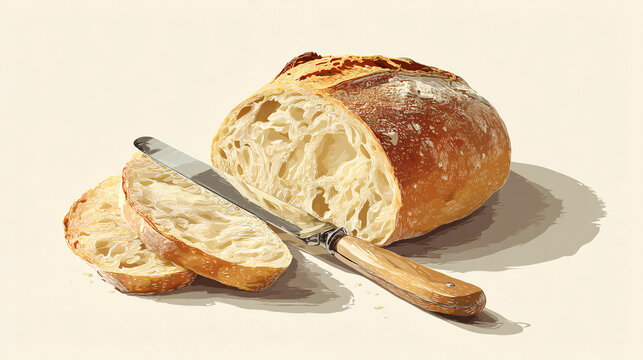 A loaf of homemade sourdough bread is being cut, showcasing its airy, porous interiora hallmark of traditional bakingagainst a plain white backdrop.  