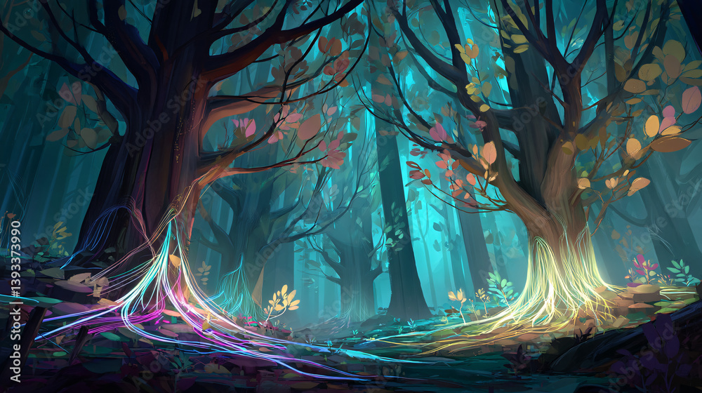 Wall mural a magical forest filled with trees that connect and speak to each other using glowing roots that fun