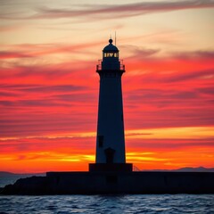 Sunrise paints the sky vibrant hues behind a sturdy breakwater lighthouse, calm, building, beacon