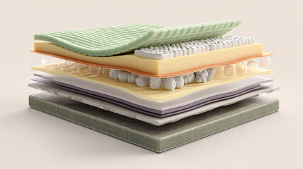 A memory foam mattress is shown in cross-section, highlighting its different layers and the technology used in its construction to improve sleep.  