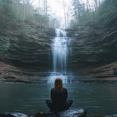 Obraz premium Peaceful meditation by a waterfall in a misty forest