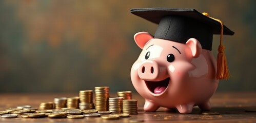 Cheerful piggy bank wearing a graduation cap, symbolizing savings for education and financial planning. Perfect for articles, blogs, and marketing in finance and education sectors.