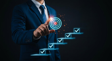 checklist Businessman holding target icon for business objective. Business achievement objective target concept, strategic planning for business growth and target customer group. Business professional