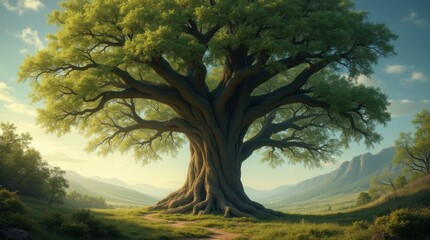 Naklejka premium A serene photograph of a majestic Tree of Life in a natural setting, showcasing its grandeur and the beauty of nature, embodying peace and tranquility.