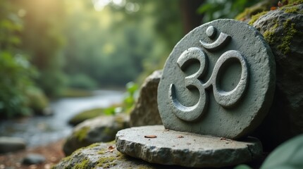 A serene photograph of the Om symbol carved in stone, set against a natural backdrop