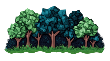 Trees with green and blue leaves in cartoon style, cut out transparent