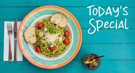 Today’s Special Pesto Spaghetti with Cherry Tomatoes, Parmesan, and Toasted Bread – Ideal for Restaurant Menus, Italian Cuisine Promotions, Café Ads, and Daily Special Announcements
