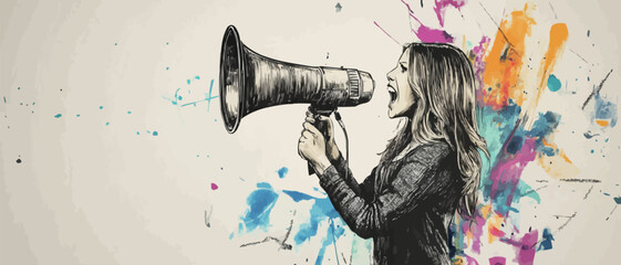 collage picture of arm hold loudspeaker small positive girl inside say tell bla blah isolated on drawing background