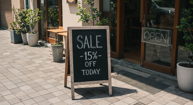 15% Off Sale Sign Outside Trendy Urban Cafe – Perfect for Restaurant Marketing, Local Business Promotions, Social Media Ads, Seasonal Campaigns, and Hospitality Blog Graphics