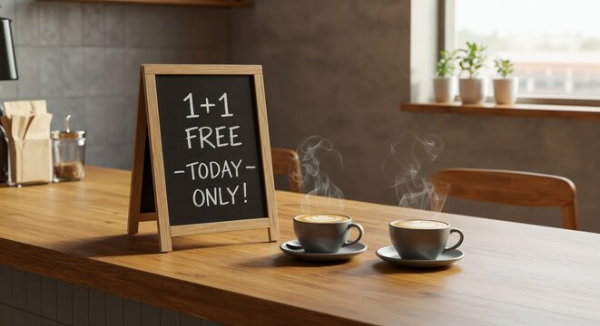 1+1 Free Coffee Deal with Chalkboard Sign and Steaming Cups in Cozy Minimalist Café – Perfect for Daily Promotions, Coffee Shop Ads, Loyalty Programs, and Hospitality Marketing