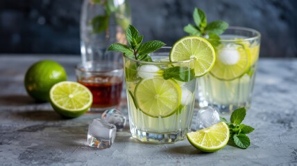 Fototapeta premium Refreshing, sparkling citrus non-alcoholic cocktail. Garnished with fresh lime slices and mint leaves.
