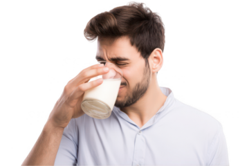 A man is holding his nose with one hand and drinking milk from a glass, displaying a pained expression, png