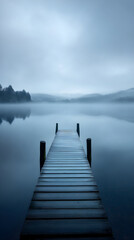 Naklejka premium Ethereal Drift: Mist Over Lake Merging with Sky in a Tranquil Illusion