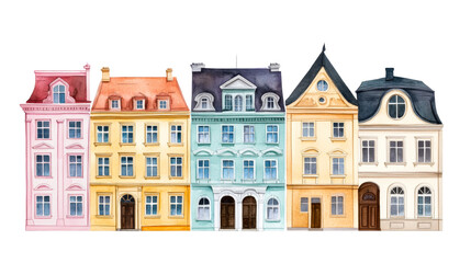 Fototapeta premium Row of colorful European houses with different architecture, cut out transparent