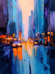 Bright colors illuminate a busy city street reflecting evening light