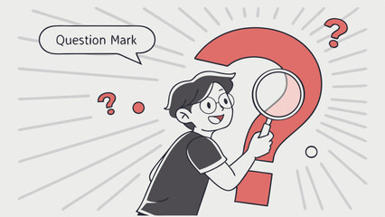 Cartoon Boy Investigating Question Marks With Magnifying Glass Hand Drawn Style
