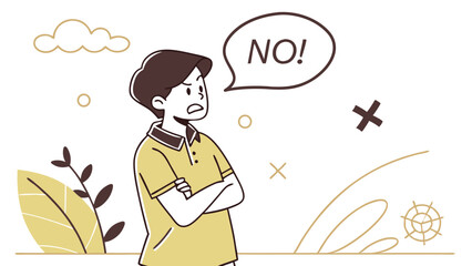 Displeased Man Expressing Disagreement With Speech Bubble And Simple Background Elements