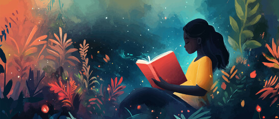 Dark skinned girl reading book imagination concept . Dream coming to life from literature. Adventure and discovery story, World book day poster