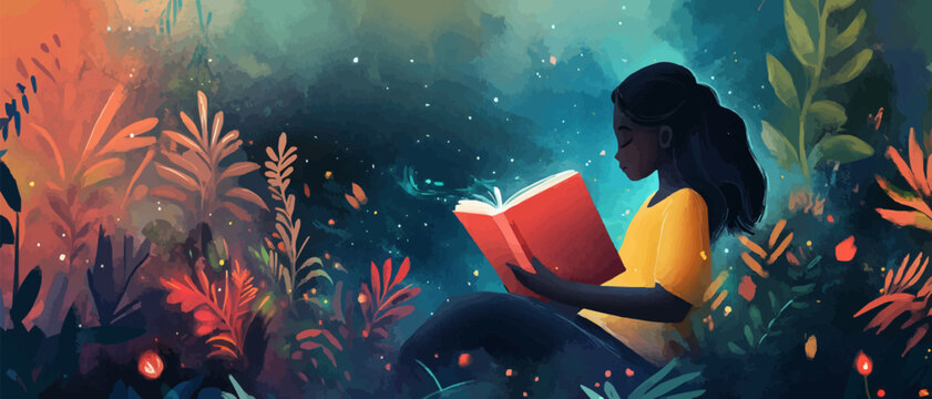 Dark skinned girl reading book imagination concept . Dream coming to life from literature. Adventure and discovery story, World book day poster