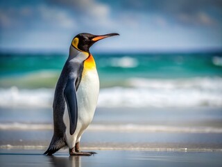 Fototapeta premium Falkland Islands King Penguin Taking a Moment of Rest at Volunteer Point A Minimalist Wildlife Photography Masterpiece