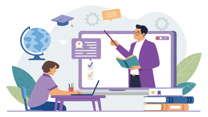 Student Learning Online With Teacher On Screen Globe And Books Illustration