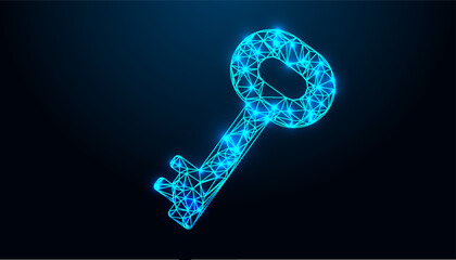 Low Poly Key Design. Security key symbol key design with neon style lighting design.