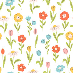 Gentle seamless pattern with various colorful flowers. Printing on textiles, wallpaper, wrapping paper. Vector illustration in flat style
