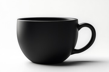 A modern matte black ceramic coffee cup with a minimalist design and round handle, hyper-realistic, isolated on solid white background.