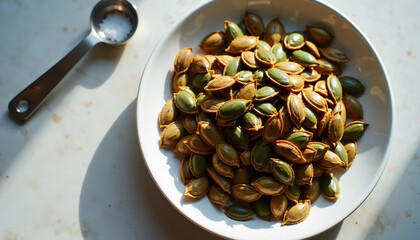 Fototapeta premium Roasted pumpkin seeds in a bowl against a marble background 