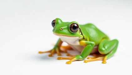 Naklejka premium Single bright green frog on pure white backdrop, stark contrast, single, animal, frog